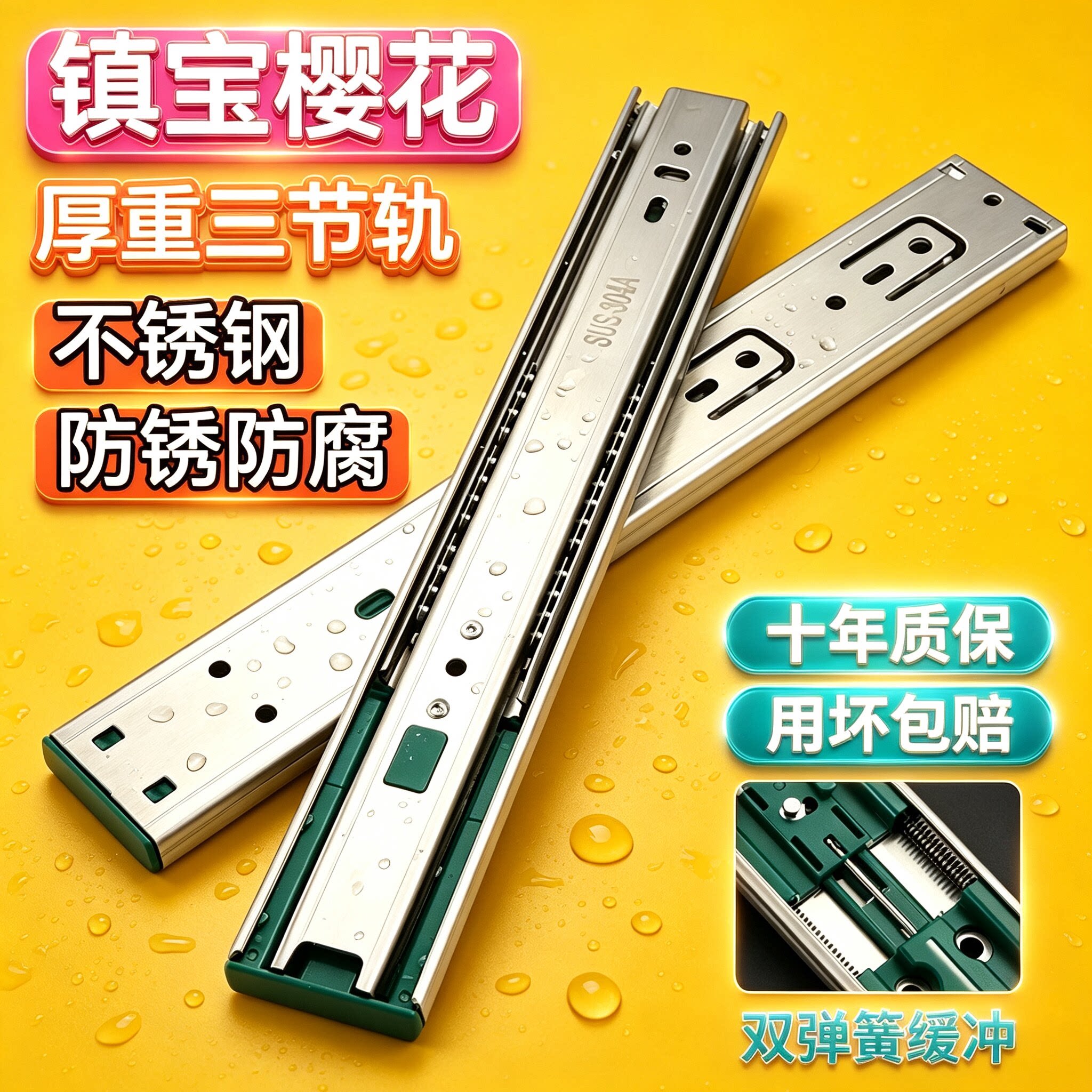 镇宝樱花不锈钢抽屉滑道轨道通用三节轨侧装导轨阻尼缓冲静音滑轨