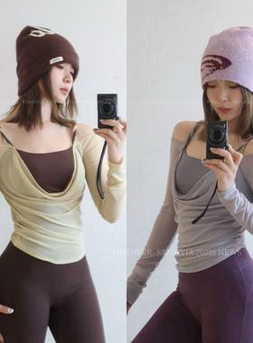 HIPOWER固定胸垫中高强度运动健身瑜伽麻花网纱长袖速干T恤女