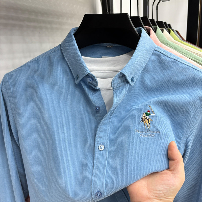 100%全棉灯芯绒2025秋季新款男士长袖衬衫刺绣休闲衬衣条绒中青年