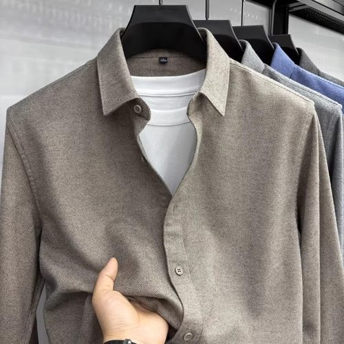 轻奢羊毛呢子衬衫男长袖秋冬季厚款纯色商务休闲男士保暖衬衣外套