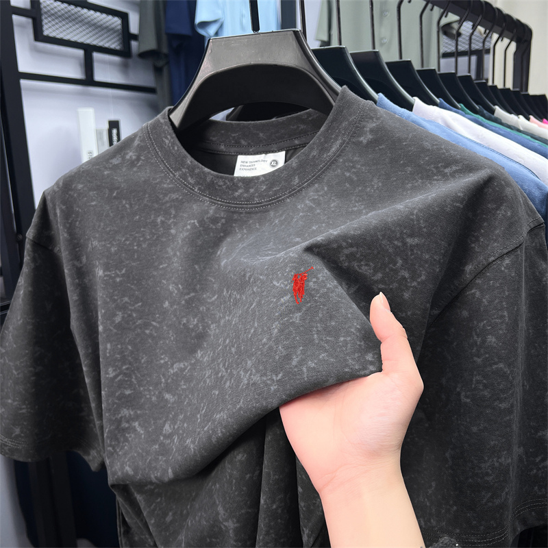 新款美式短袖t恤男士圆领蜡染重磅上衣宽松落肩半袖小马标体恤棉