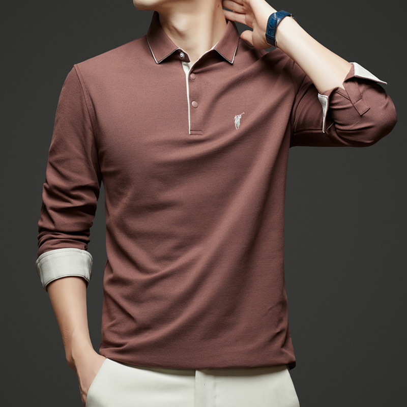 品牌高端男士长袖t恤2024秋季新款衬衫袖口体恤珠地棉翻领POLO衫