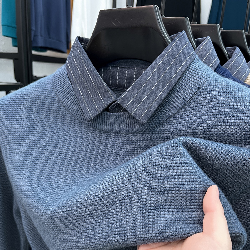 假两件毛衣男秋冬季衬衫领套头毛衫中年男士保暖上衣针织打底衫潮