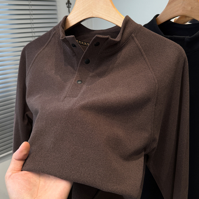 磨毛德绒打底衫男半高领门筒暗扣t恤男装长袖秋冬季青年内搭上衣
