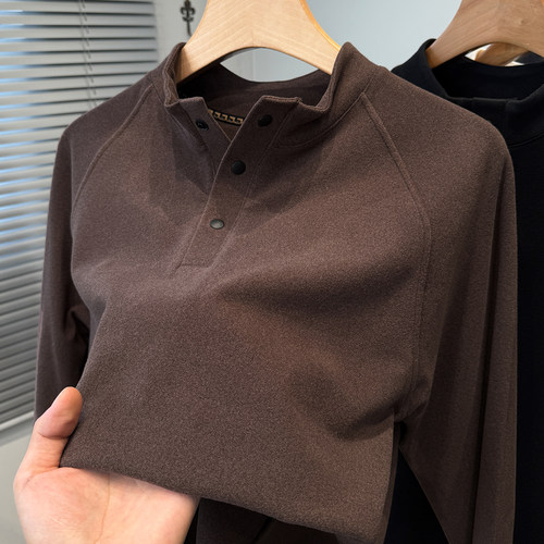 磨毛德绒打底衫男半高领门筒暗扣t恤男装长袖秋冬季青年内搭上衣