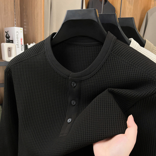 覆古华夫格男士 美式 内搭上衣体恤 新款 老钱风亨利领卫衣男2025秋季