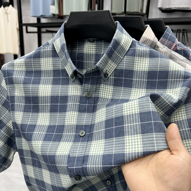 2025新款夏季男士格子短袖衬衫莱赛尔棉中年翻领爸爸装休闲衬衣