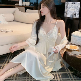 甜美V领蕾丝长款睡裙女夏纯欲薄款带胸垫性感冰丝吊带睡衣家居服
