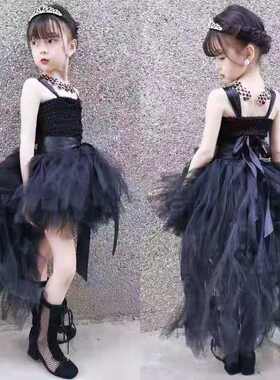女童模特时装秀t台走秀黑色晚礼服拖尾主持钢琴摄影公主裙演出服