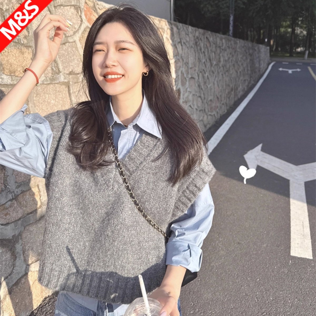 灰色无袖背心针织马甲女春秋秋冬外搭毛衣叠穿毛衣坎肩马夹上衣潮