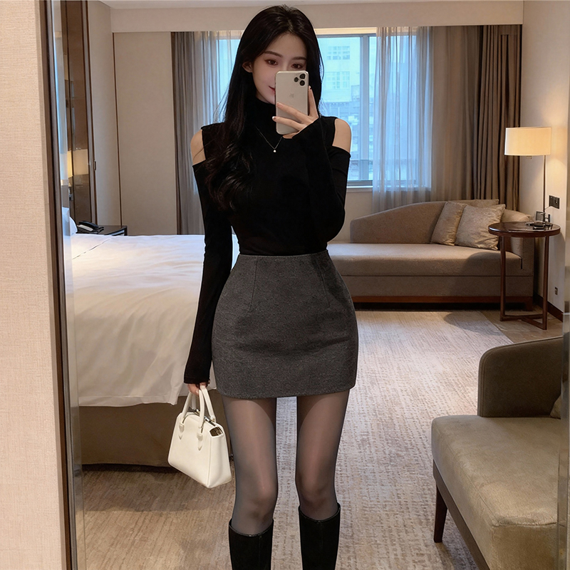 灰色毛呢短裙女秋冬半身裙新款韩版高腰辣妹紧身包臀呢子一步裙