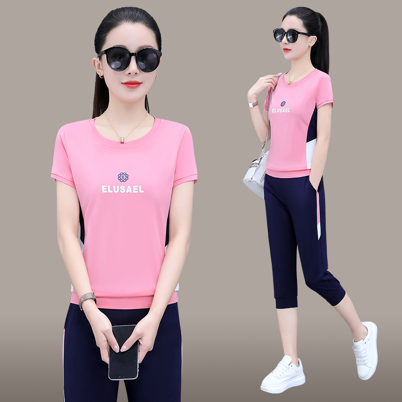 休闲运动服套装女2025夏季新款时尚女士大码冰丝短袖七分裤两件套