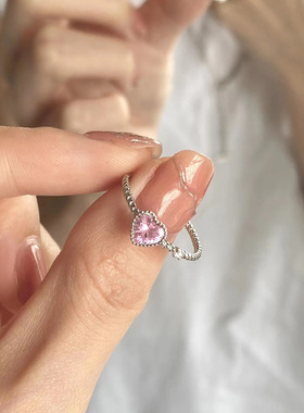 【玫瑰在野】S925纯银爱心戒指粉色锆石指环日常通勤气质女戒指