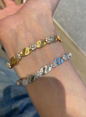 925纯银拉丝缎带手链中古vintage轻奢高级绸锻花朵晶钻手饰