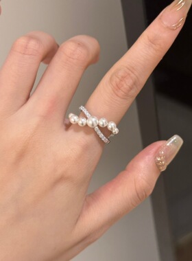 【金玉腰】珍珠戒指S925纯银不规则流线交叉满钻闪光复古高级设计