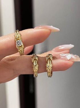 S925纯银大女主】中古轻奢镶钻戒指复古小众不规则麻花线条指环女