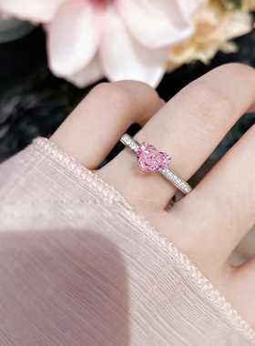 S925银谈恋爱】进口樱花粉钻爱心形粉色宝石轻奢风时尚戒指女