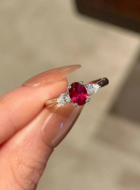 S925银 夜宴】鸽血红粉色椭圆红刚玉时尚百搭轻奢戒指女
