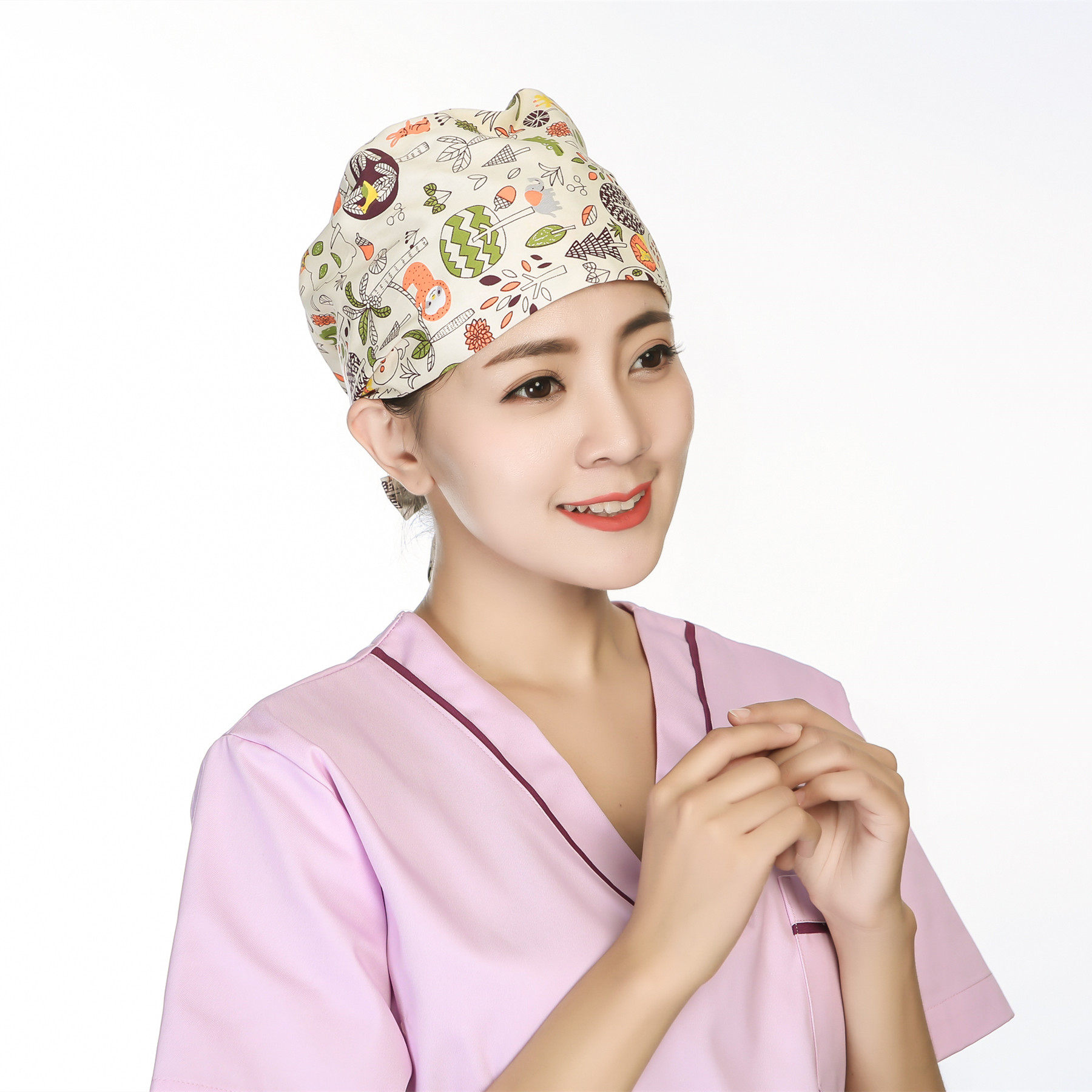 系带葫芦帽厨房油烟帽男女中短发包头薄款透气棉布印花食品工作帽