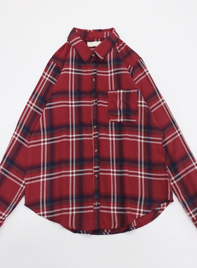 经典红色格子翻领胸前单口袋优质棉混纺Loose-fitting高穿搭衬衫