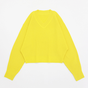 针织上衣 型修饰比例短款 油菜花黄V领经典 坑条纹高弹力编织宽松版