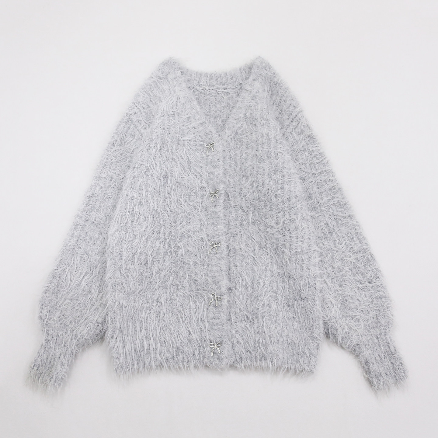 进口客供fluffy高级拉毛素材蝴蝶结亮钻装饰扣淡雅灰温婉保暖开衫,女装/女士精品,毛衣,淘宝优惠券,粉丝福利购,淘宝优惠卷