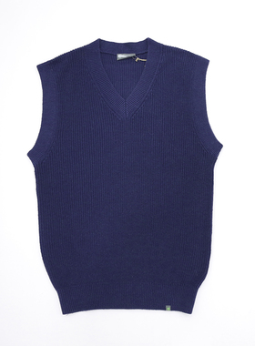 藏蓝色V领精细编织有机棉汉麻混纺24秋冬简约宽松高穿搭率背心