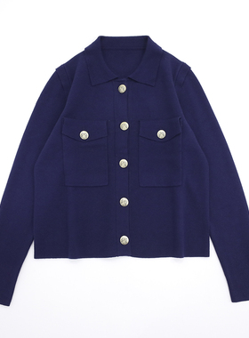 藏蓝色翻领精致金属装饰扣精细编织胸前双口袋24秋季宽松针织外套