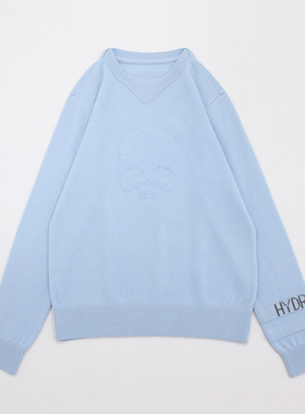 天蓝色圆领胸前同色系个性提花图案触感柔软亲肤清爽休闲针织上衣