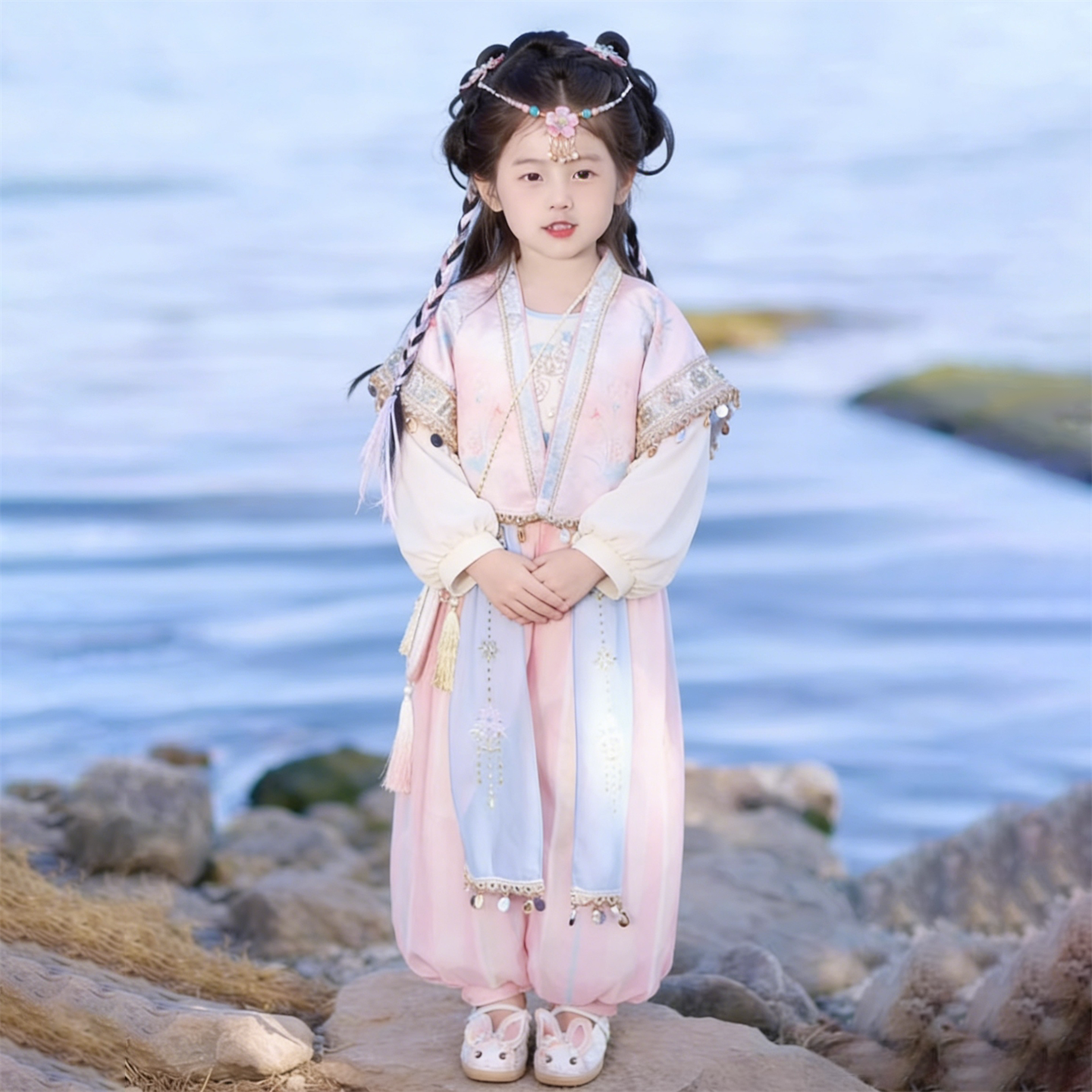 汉服女童2026夏季薄款短袖儿童新中式国风套装女孩上衣裤子三件套图片