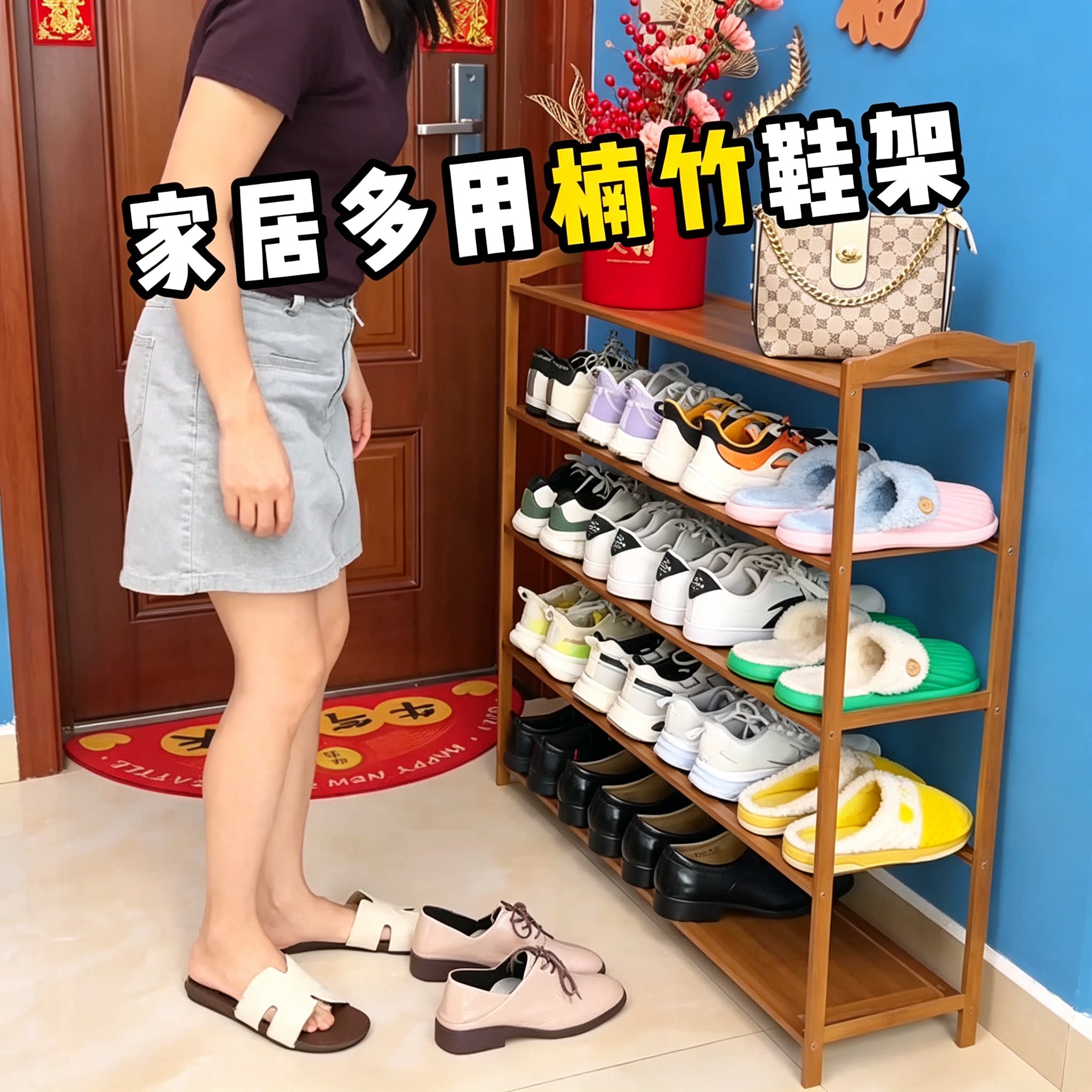 楠竹鞋架子简易门口家用经济型收纳神器多层防尘鞋柜省空间置物架