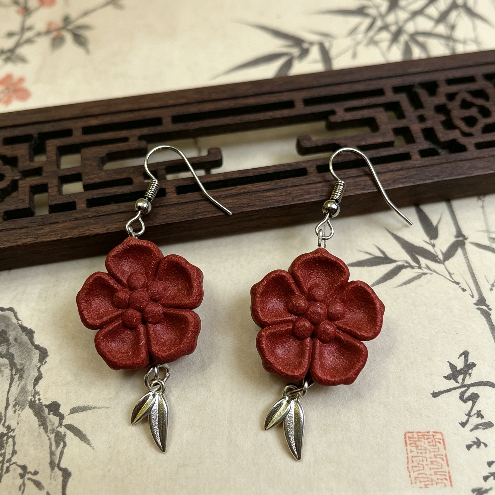 金边玫瑰手工制天然草本中药材质精致耳环新款耳饰饰品