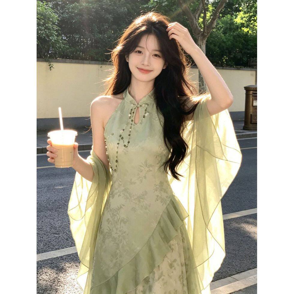 新中式国风改良旗袍开衫两件套温柔风超好看印花吊带连衣裙26夏季