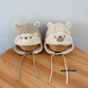 毛绒帽小月龄加厚护耳帽婴儿小熊潮 雷锋帽冬款 宝宝帽子秋冬季 韩版