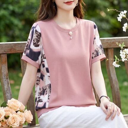 短袖纯棉t恤女夏季2026年新款大码胖mm中年妈妈装印花洋气上衣服