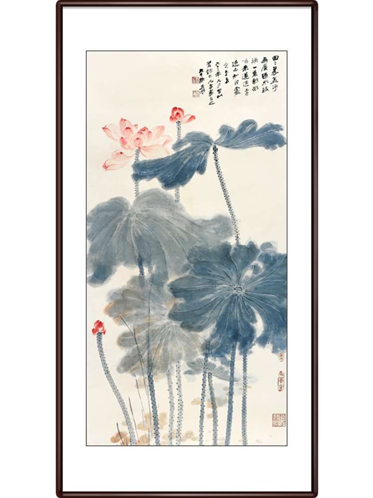 张大千荷花水墨挂画客厅走廊过道竖版壁画中式国画入户玄关装饰画