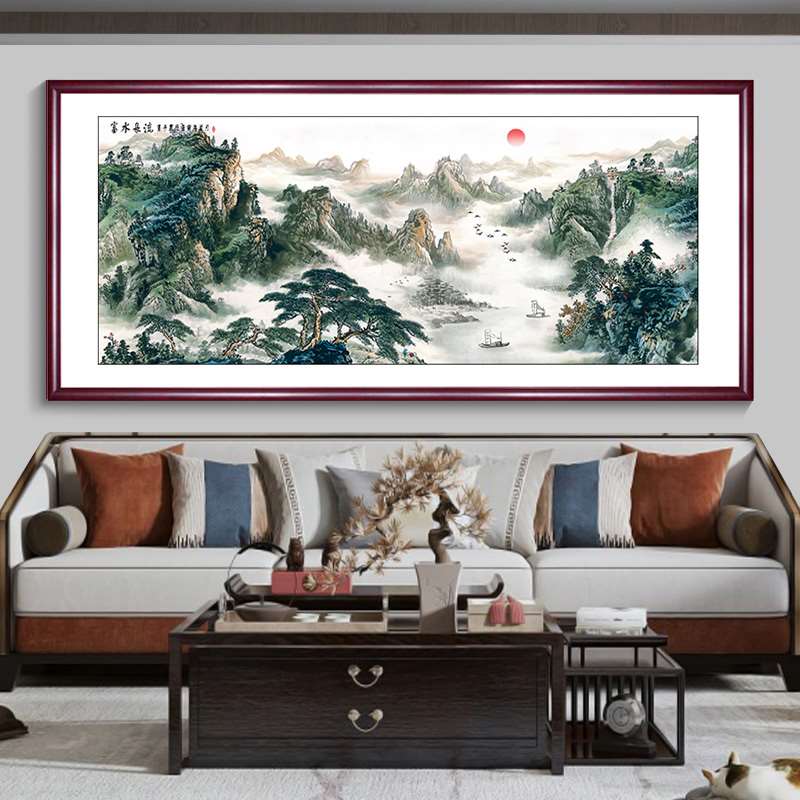 新中式青山秀水客厅装饰壁画字画背景墙国画横款大气靠山图山水画