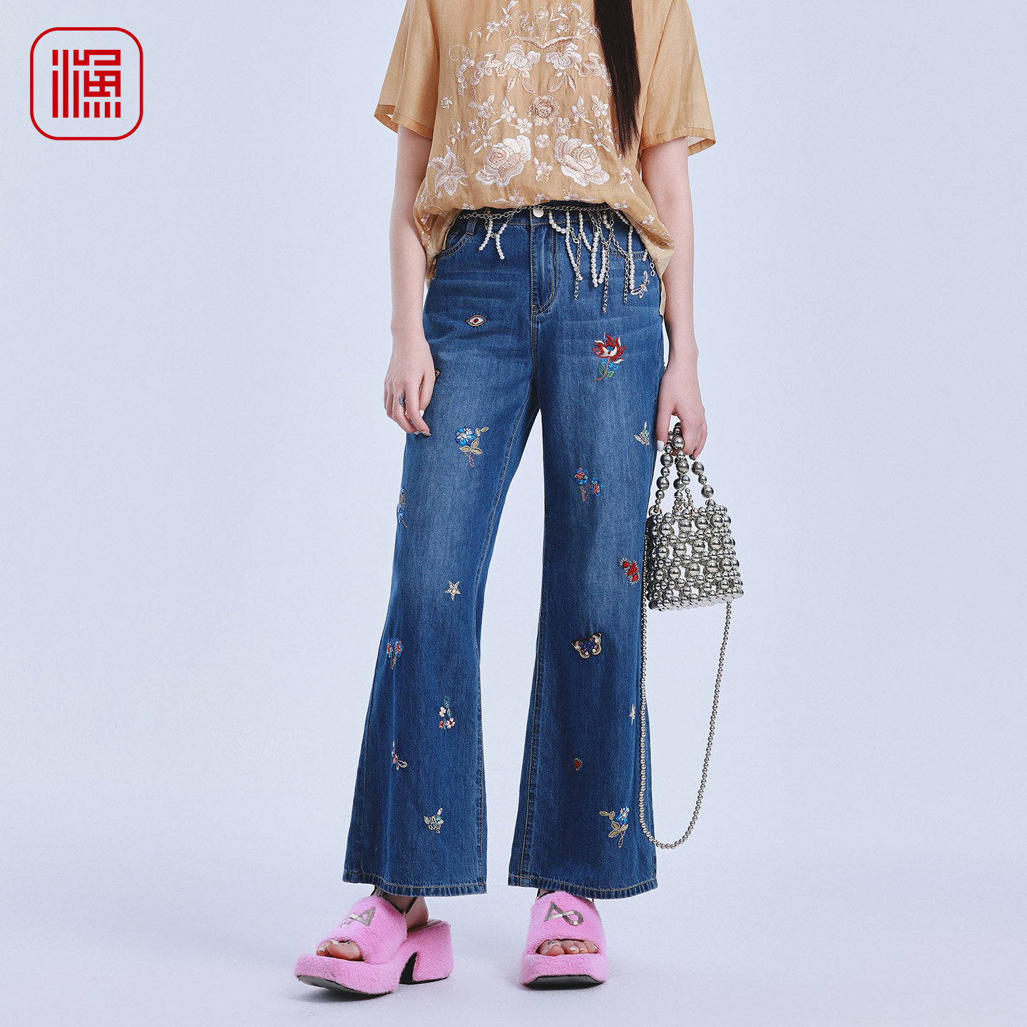 渔牌国风满身花鸟刺绣复古水洗牛仔裤显瘦微喇喇叭女裤FGIB6019