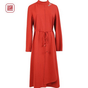 渔牌女装新款秋冬装针织绣花休闲系带收腰套头连衣裙FGEC0017