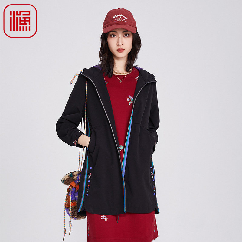 渔牌女装2025年新款春秋立领带帽中长款弹力休闲风衣外套FGHA3047