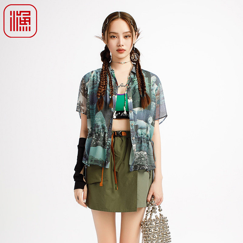 渔牌女装女士2025新款衬衫雪纺印花宽松薄款休闲短袖上衣FGHB2272