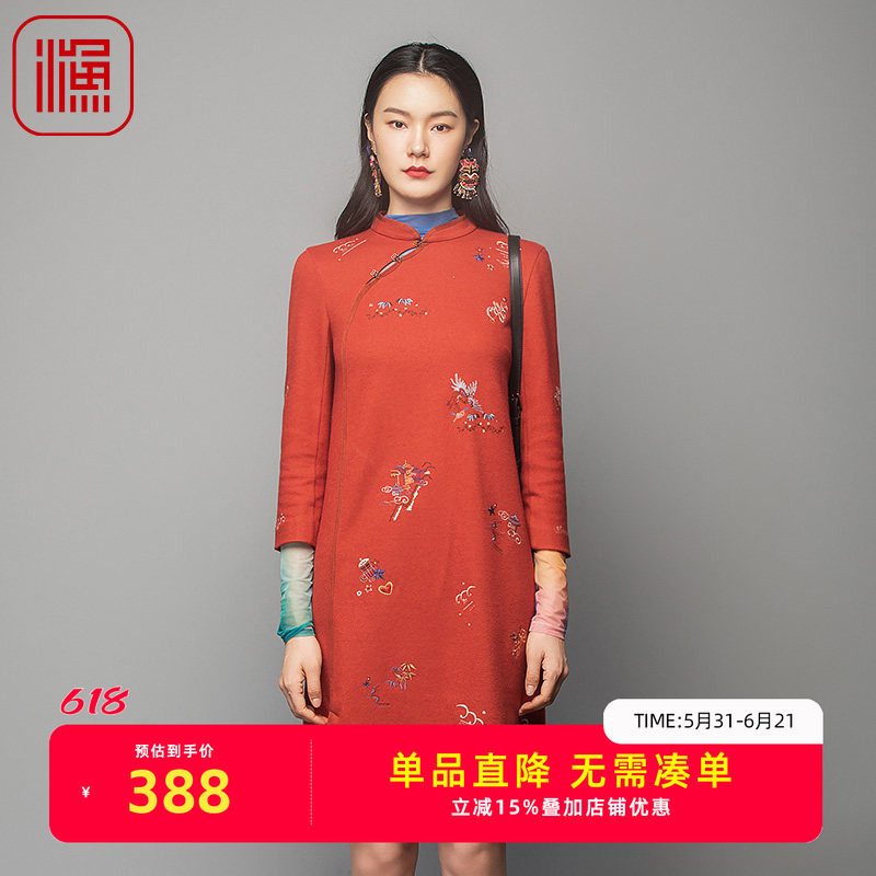渔牌女装连衣裙新款女冬季棉呢绣花改良旗袍裙子FGFD0016
