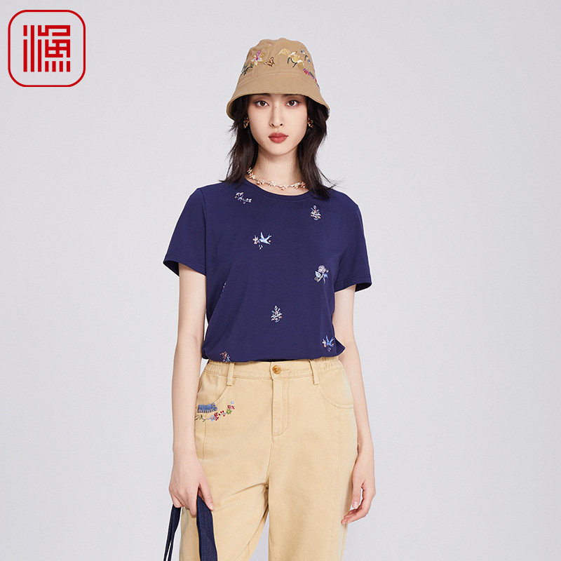 渔牌女装短袖t恤女2025新款春夏弹力刺绣花休闲上衣FGHB2083