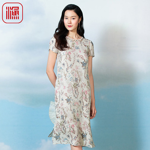 渔连衣裙子真丝桑蚕丝新款夏季女装印花直筒宽松裙子FGFB0031