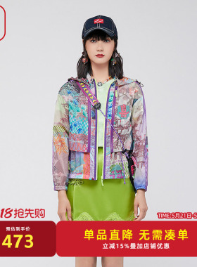 渔短外套女2024新款高端外春夏国潮印花连帽休闲风衣外套FGGB3032