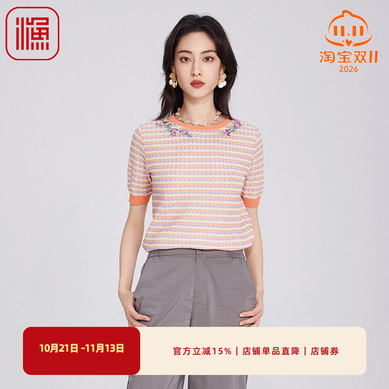 FISHING短袖女t恤2025新款新中式绣花小方格休闲针织上衣FGHB1016