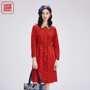 秋装 印花收腰显瘦灯芯绒纯棉全棉连衣裙FGGC0025 新款 渔牌女装