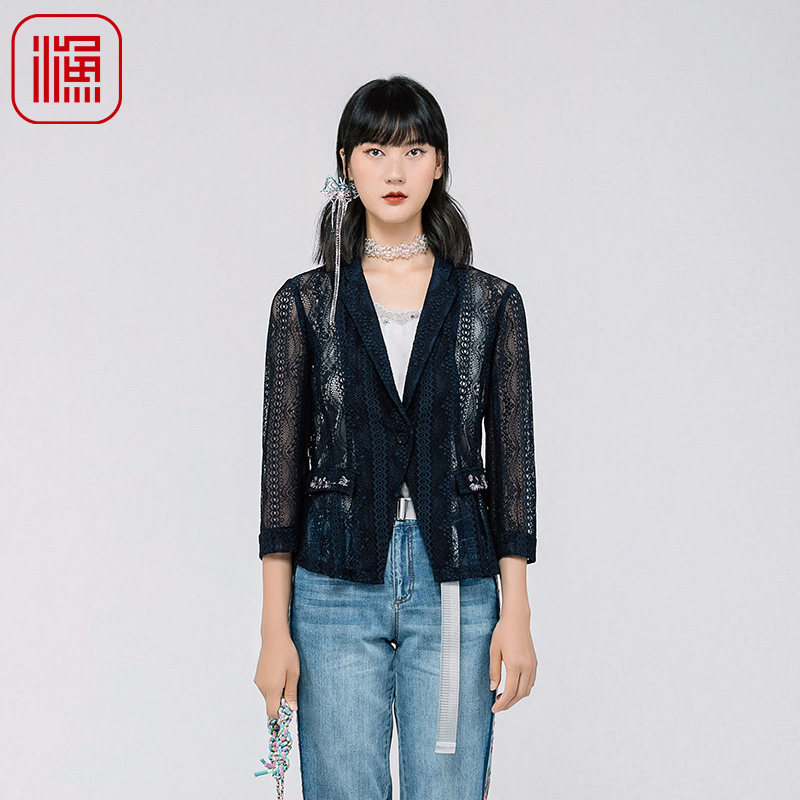 渔牌女装春装女款年新款蕾丝刺绣花短款休闲西装外套FGGA3063
