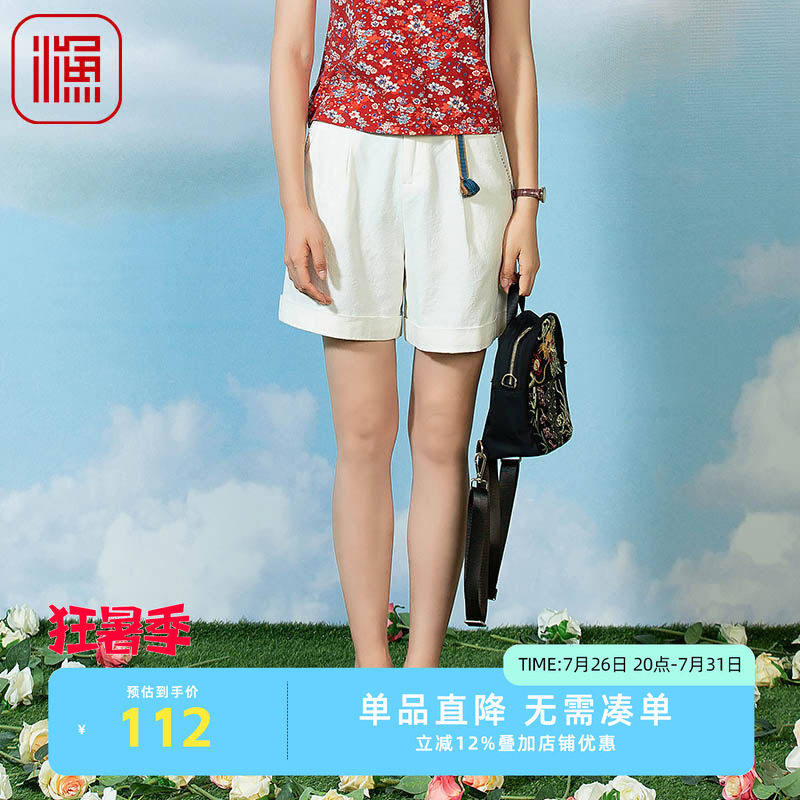 渔牌服饰裤子女新款夏季卷边棉麻国风休闲直筒短裤女FGFB6402