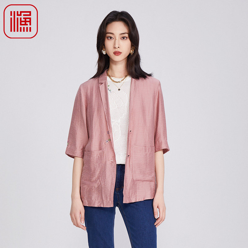 渔牌女装外套女春季2025新款小西装领简约绣花薄短袖上衣FGHA3081